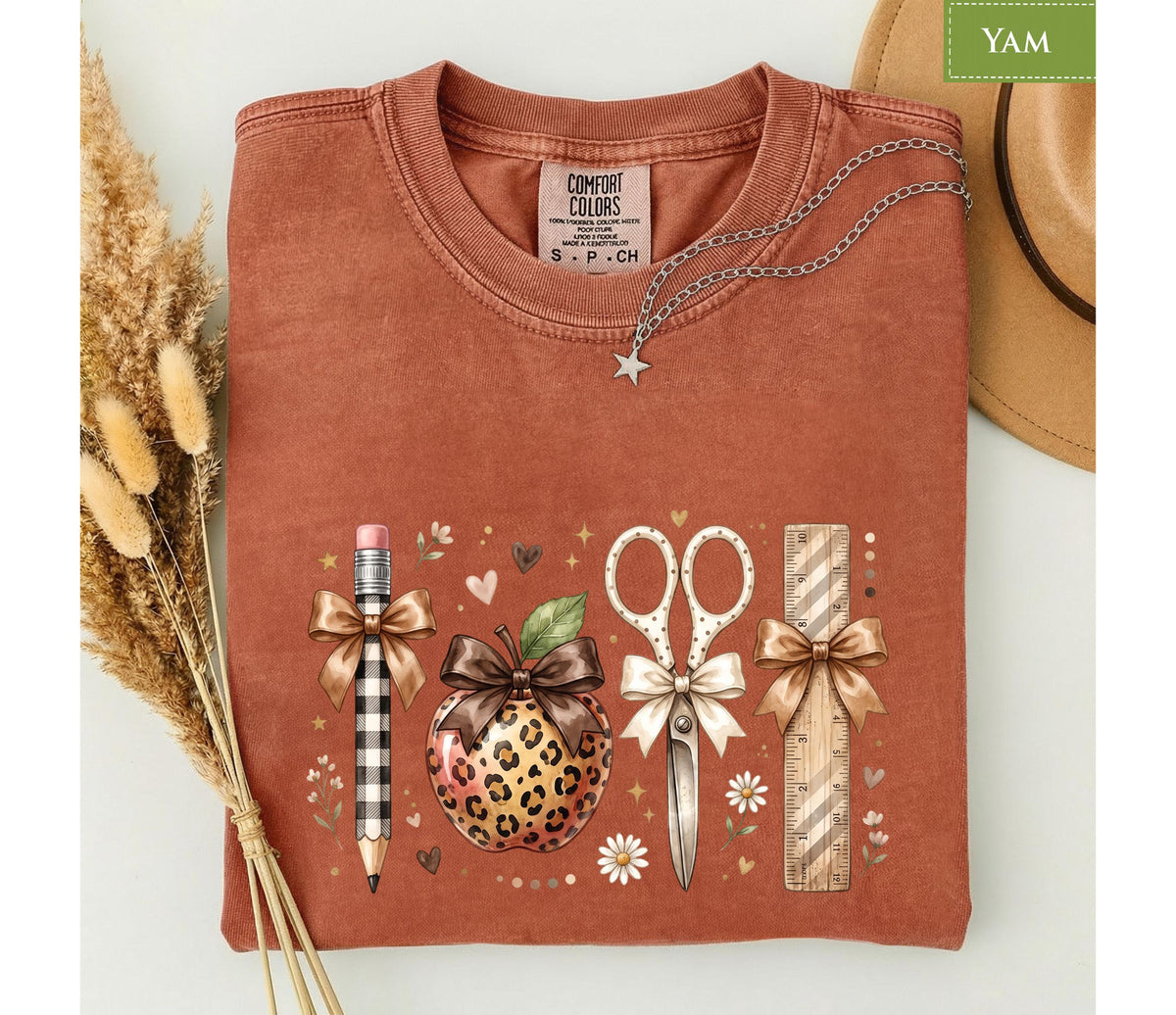 Comfort Colors® Leopard Apple Teacher Shirt, Back To School Top, Coquette Bow Pencil Scissors Ruler Tee