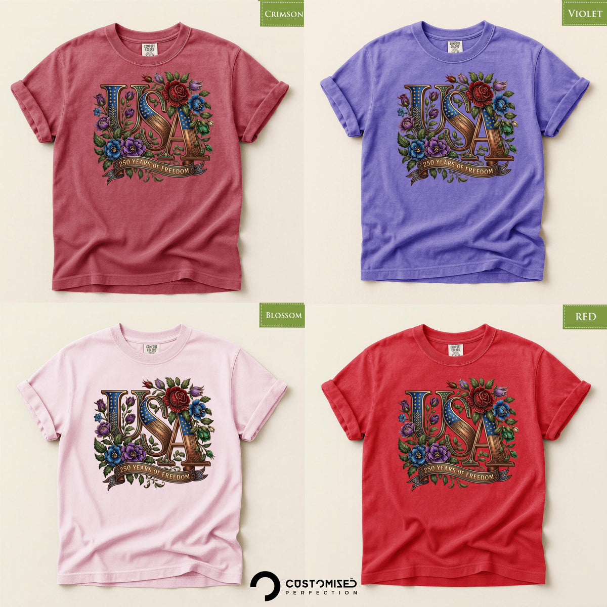 July 4th USA Floral Shirt, Comfort Colors® Patriotic Womens Tee