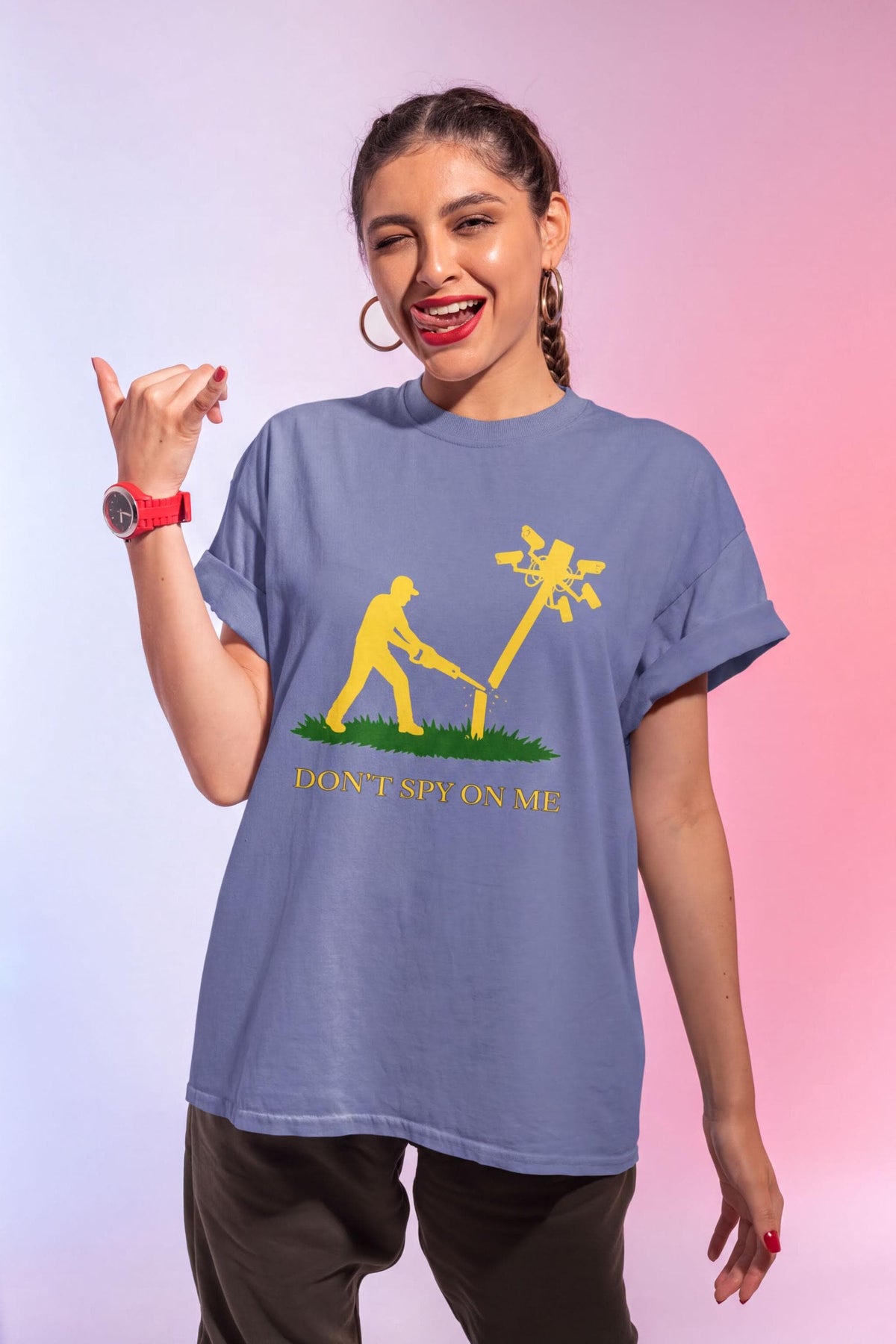 Don't Spy On Me Shirt | Yellow Print Flock Camera Tee | Anti Surveillance Gadsden Gift