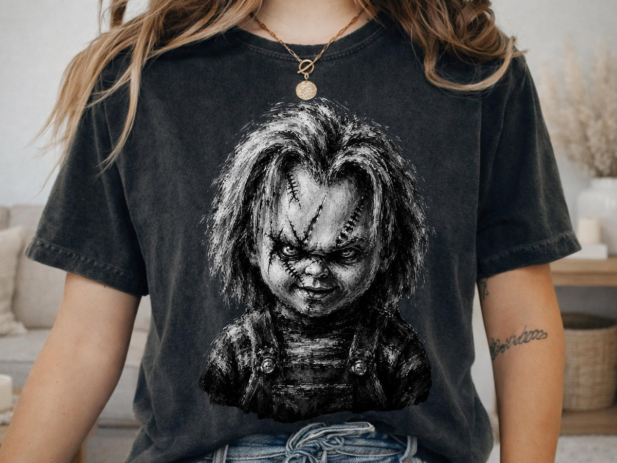 Killer Doll Portrait Shirt, Scarred Doll Face T-Shirt, Chalk Art Horror Hoodie, Creepy Doll Sweatshirt, Halloween Tee Gift