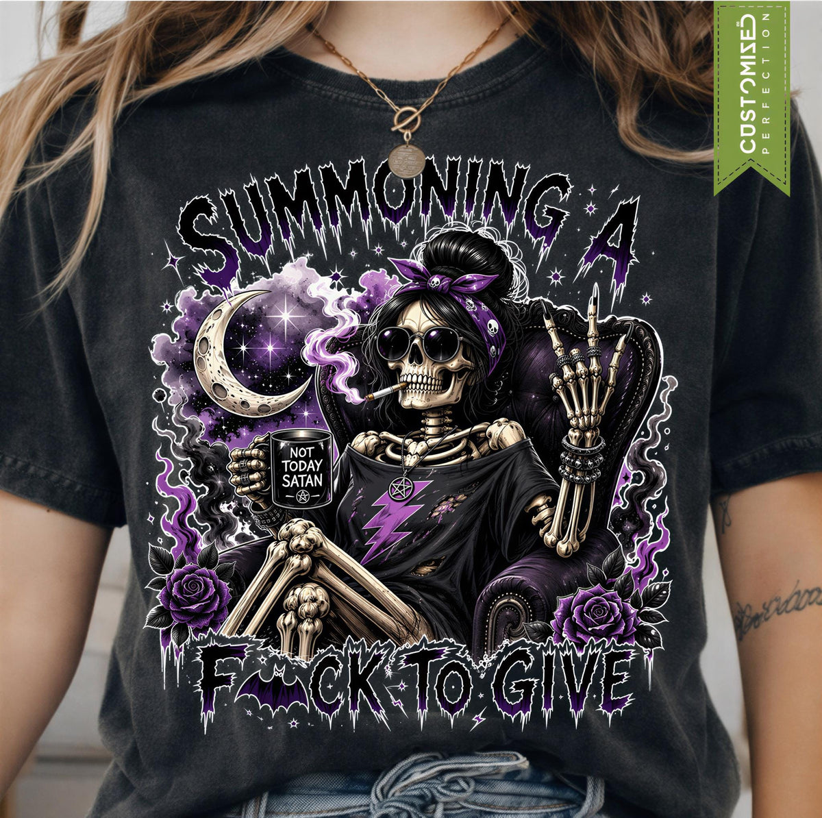 Comfort Colors® Summoning A F*ck To Give Shirt, Gothic Skeleton T-Shirt, Sarcastic Witch Skull Tee, Punk Rock Sarcastic Gift Idea For Her