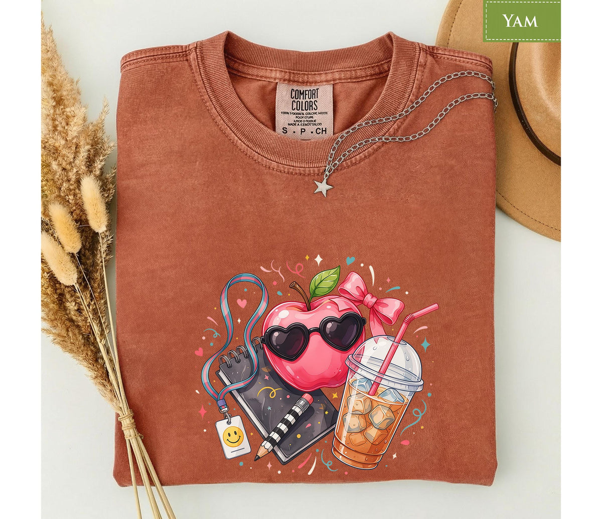 Comfort Colors® Preppy Apple Teacher Shirt, Back to School Tee, Iced Coffee Graphic, Cute Educator Gift
