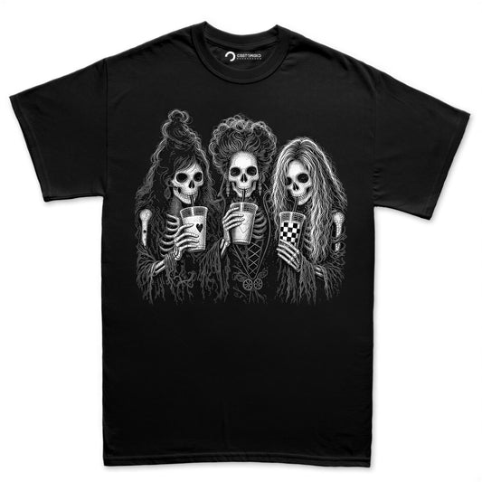 Skeleton Besties Iced Coffee Shirt, Halloween Skull Trio T-Shirt, Spooky Season Girls Hoodie, Skeleton Coffee Run Sweatshirt