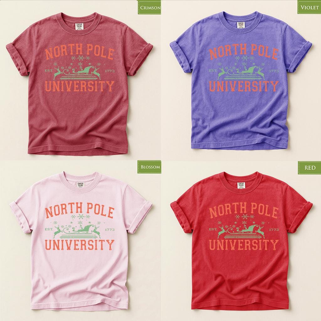 Comfort Colors® North Pole University Christmas Shirt, Funny Christmas College Tee, Santa Sleigh Holiday Shirt, Xmas Gift