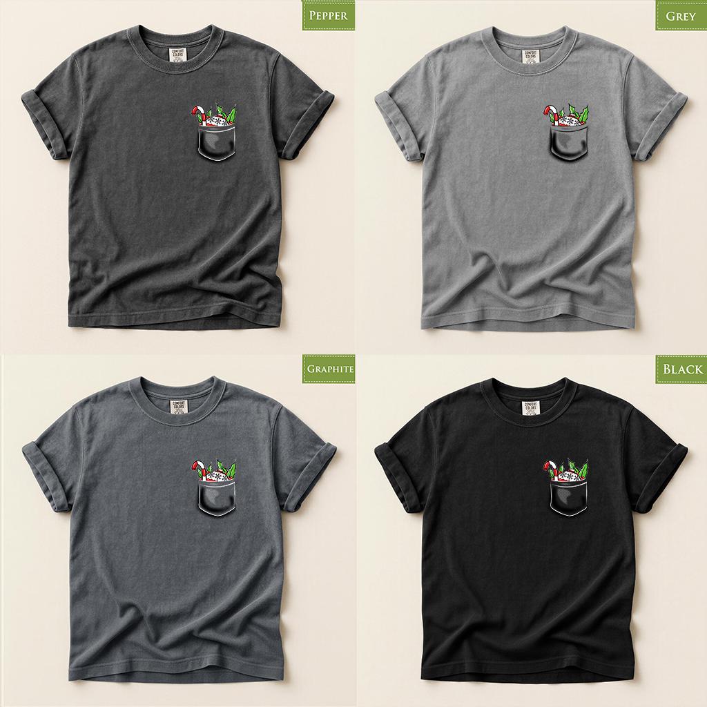 Comfort Colors® Christmas Pocket Shirt, Candy Cane Holiday Tee, Cute Festive Graphic, Christmas Gift