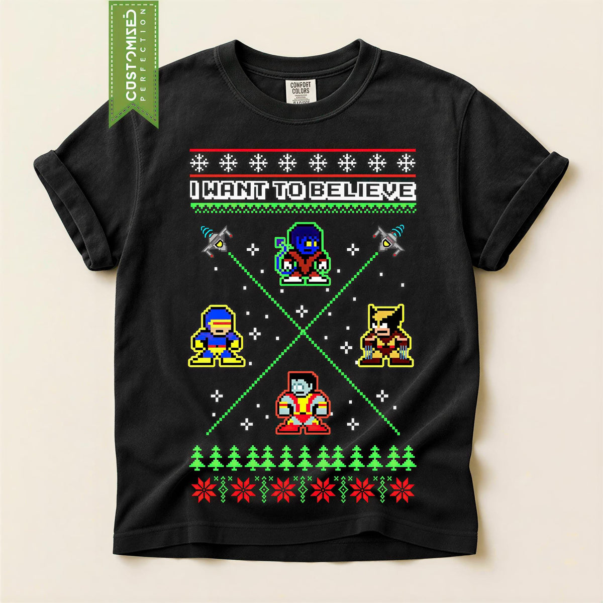 Comfort Colors® I Want to Believe Christmas Shirt, Alien Holiday Tee, Retro Pixel Art Christmas Graphic, Festive Gift