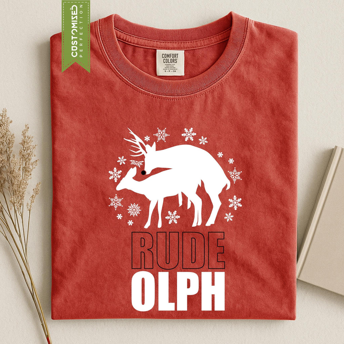 Comfort Colors® Rude Olph Christmas Shirt, Funny Reindeer Holiday Tee, Red Nose Christmas Graphic, Festive Gift