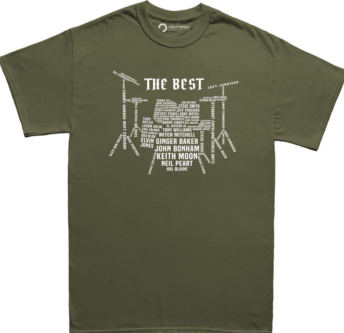 Drummer T-Shirt: Iconic Drum Set Design with Legendary Names, Percussion Gift