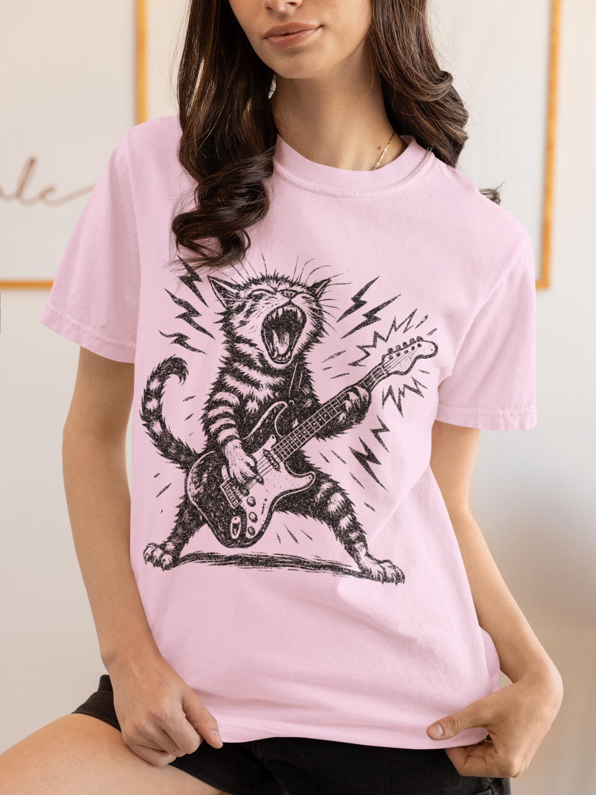 Rock n Roll Cat Playing Guitar Shirt | Comfort Colors® Funny Music Lover Kitty Tee
