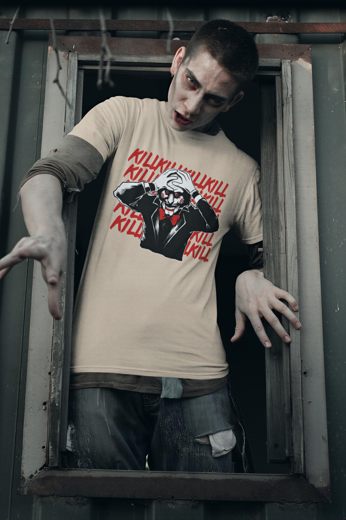 Killer Puppet Portrait Shirt, Horror Puppet Pop Art T-Shirt, Creepy Doll Face Hoodie, Repeated Text Horror Sweatshirt, Halloween Tee Gift