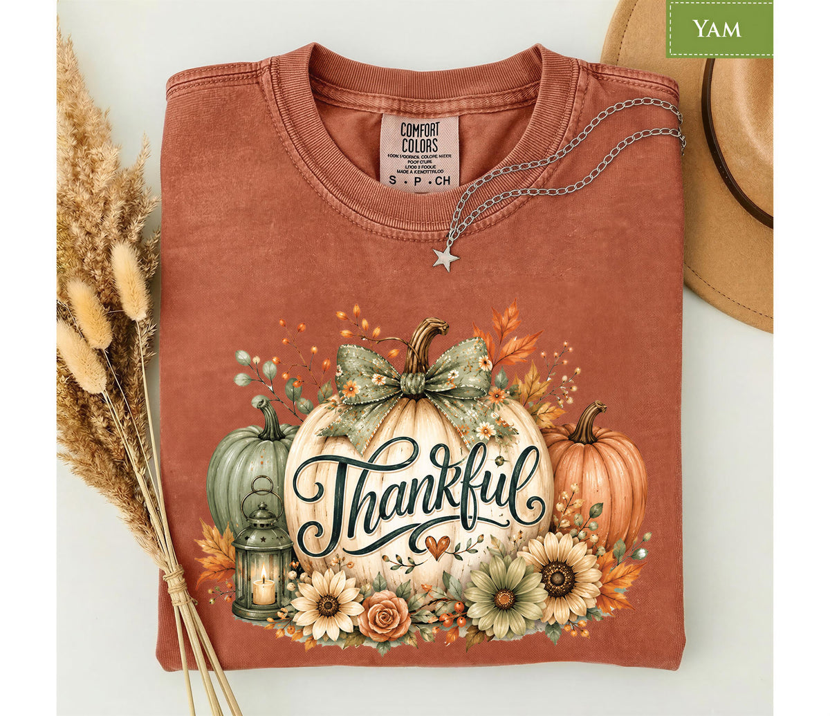 Comfort Colors® Thankful Pumpkin Shirt, Thanksgiving Fall Tee, Rustic Floral Harvest Graphic
