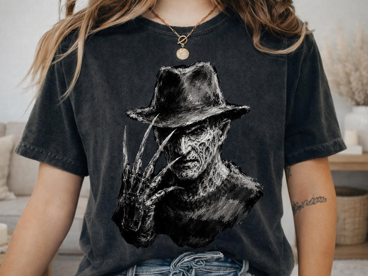 Bladed Glove Villain Shirt, Nightmare Stalker Portrait T-Shirt, Chalk Art Horror Hoodie, Fedora Horror Sweatshirt, Halloween Tee Gift