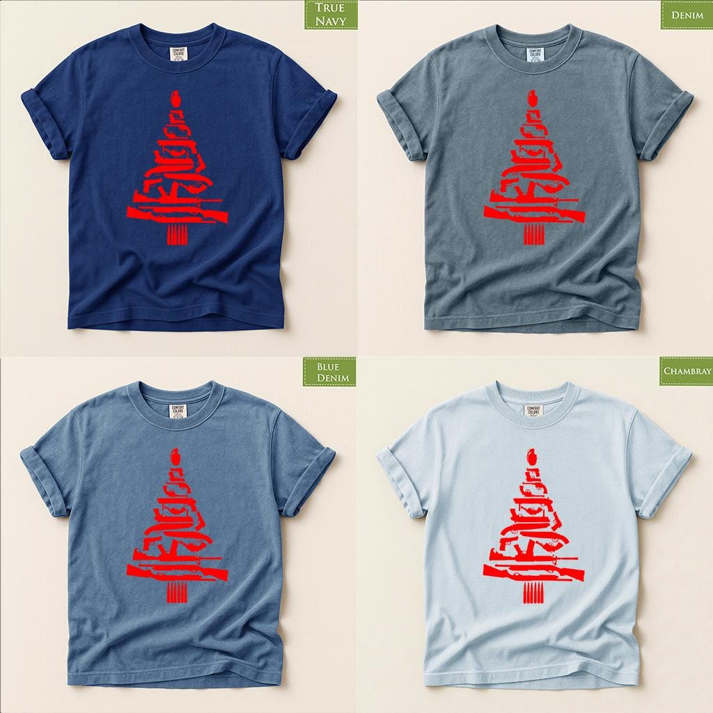 Comfort Colors® Christmas Tree Gun Shirt, Firearm Holiday Tee, Funny Hunting Christmas Graphic, Festive Gift