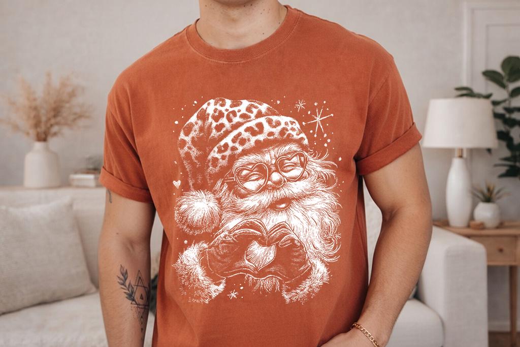 Comfort Colors® Leopard Santa Christmas Shirt, Funny Holiday Tee, Heart Glasses Santa, Cute Christmas Gift