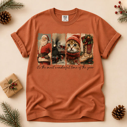 Comfort Colors® Christmas Shirt, Vintage Santa Train Cat Tee, Holiday Boots, Retro Christmas Graphic Top