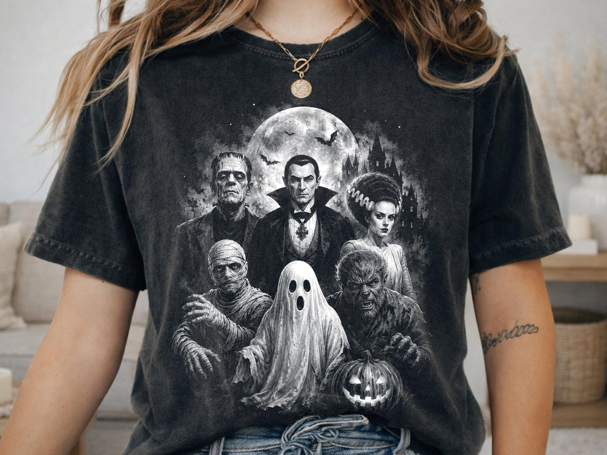 Vintage Monster Movie Shirt, Classic Horror Group T-Shirt, Haunted Castle Moon Hoodie, Retro Halloween Icons Sweatshirt, Spooky Tee Gift