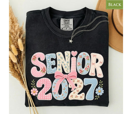 Comfort Colors® Senior 2027 Shirt, Coquette Patchwork Graduation Tee, Class of 2027 Bow Gift