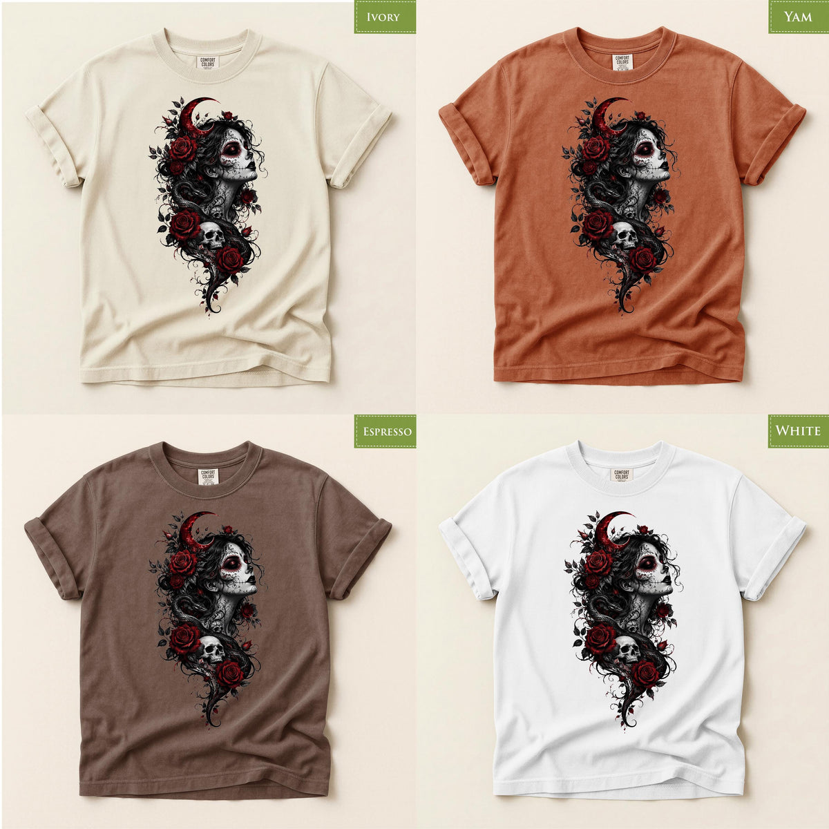 Comfort Colors® Gothic Skull Rose Snake Graphic Tee, Halloween Dark Magic Shirt, Día de los Muertos