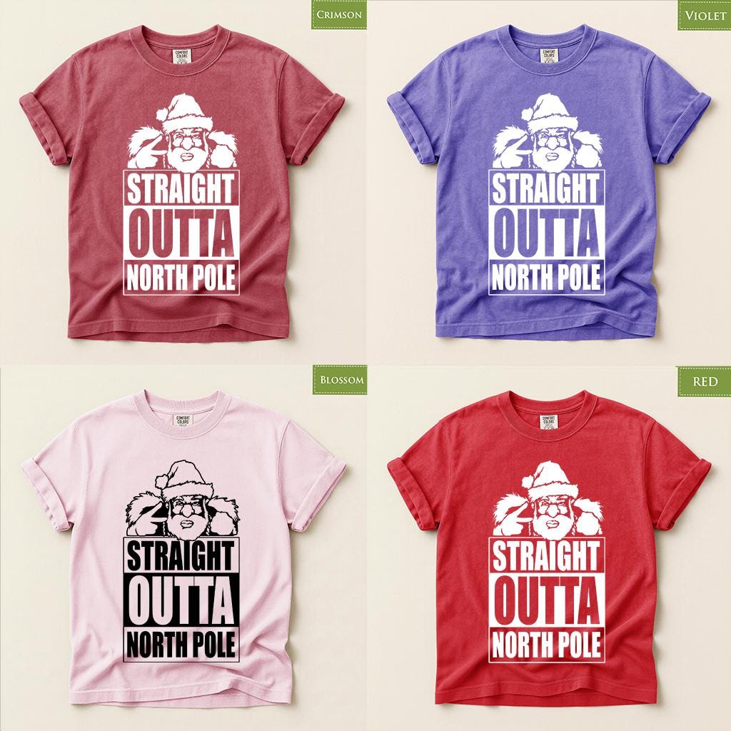 Comfort Colors® Straight Outta North Pole Shirt, Funny Santa Christmas Tee, Retro Holiday Graphic, Festive Gift