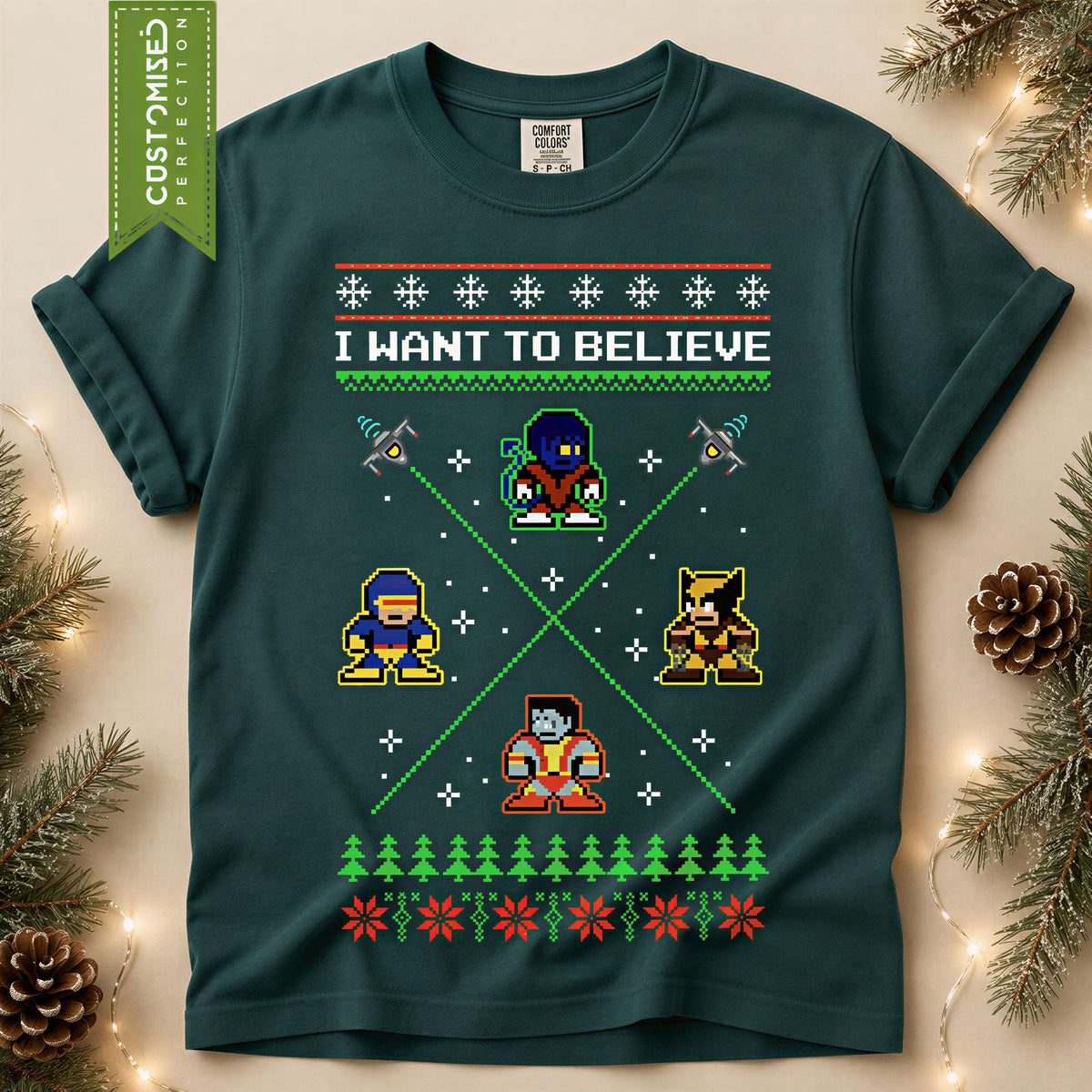 Comfort Colors® I Want to Believe Christmas Shirt, Alien Holiday Tee, Retro Pixel Art Christmas Graphic, Festive Gift