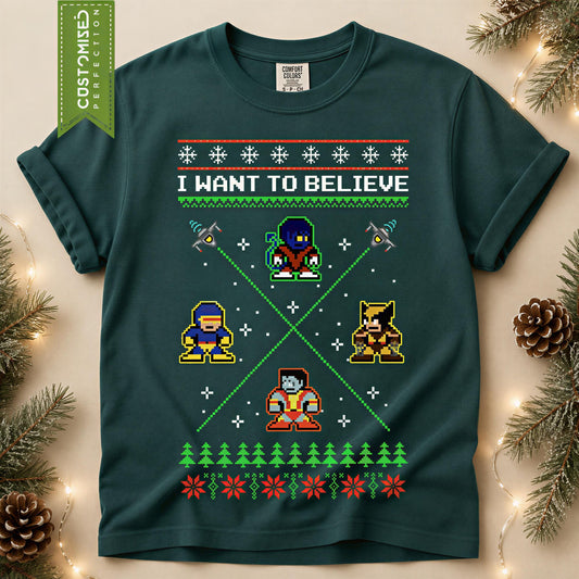 Comfort Colors® I Want to Believe Christmas Shirt, Alien Holiday Tee, Retro Pixel Art Christmas Graphic, Festive Gift