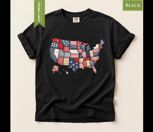 Comfort Colors® Patchwork USA Map Shirt, Stars Stripes Patriotic Tee