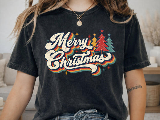 Comfort Colors® Merry Christmas Shirt, Vintage XMas Tee, Retro Christmas Tree Shirt, Colorful Holiday Gift