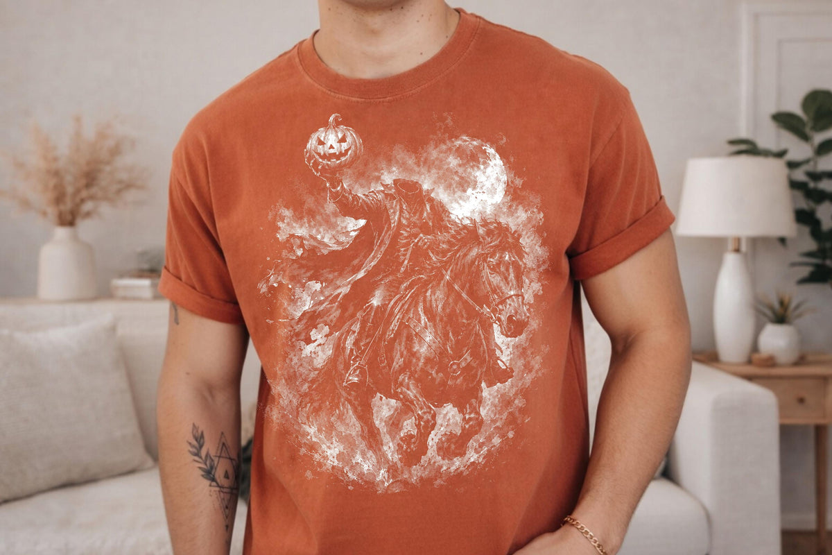 Comfort Colors® Headless Horseman Pumpkin Graphic Tee, Haunted Halloween Shirt, Spooky Gothic Apparel Gift