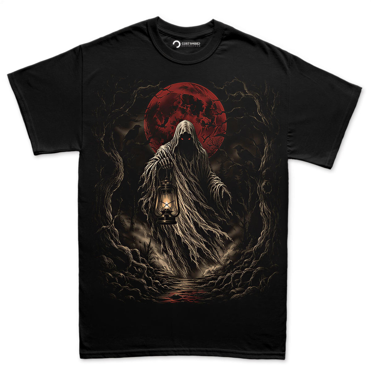 Hooded Wraith Blood Moon Shirt, Dark Fantasy Halloween T-Shirt, Glowing Eyes Lantern Hoodie, Gothic Forest Sweatshirt, Horror Tee Gift