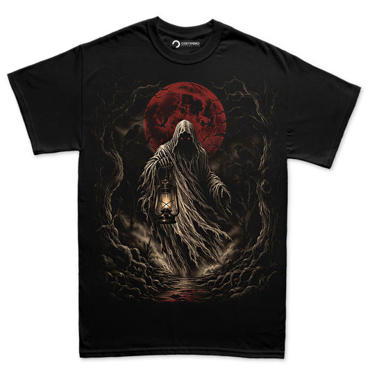 Hooded Wraith Blood Moon Shirt, Dark Fantasy Halloween T-Shirt, Glowing Eyes Lantern Hoodie, Gothic Forest Sweatshirt, Horror Tee Gift