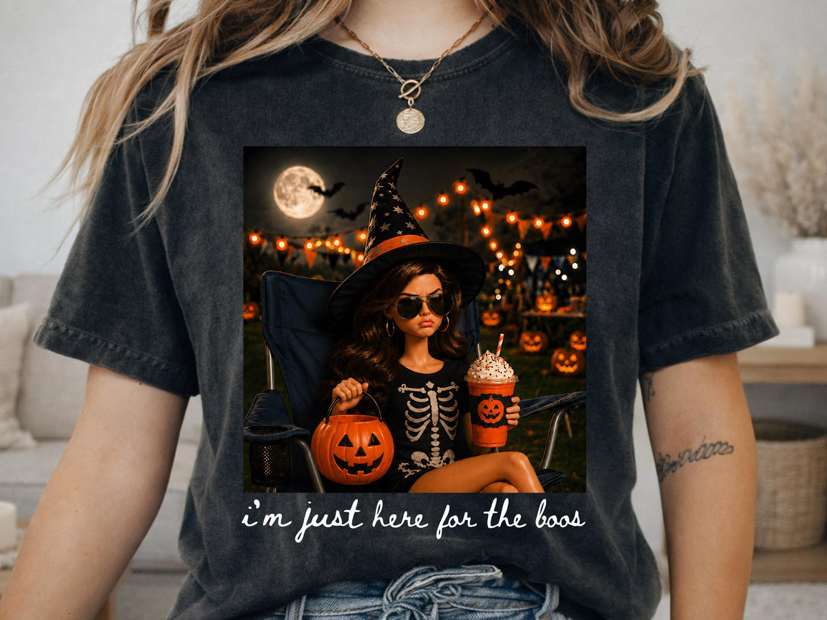 Comfort Colors® Pumpkin Spice Latte Doll Shirt, Halloween I'm Just Here for the Boos Graphic Tee, Spooky Season Fall Top