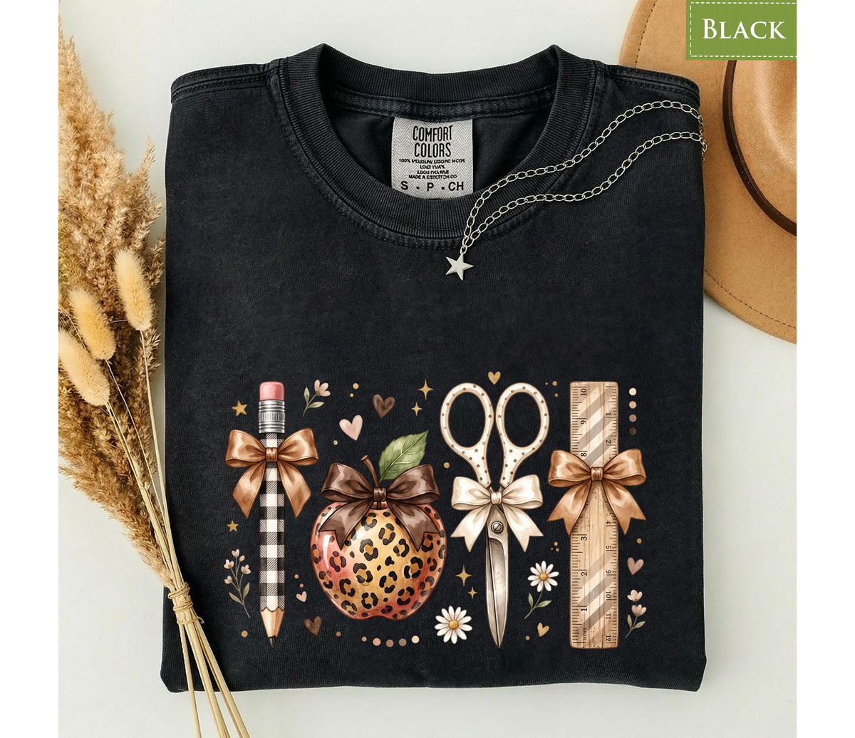 Comfort Colors® Leopard Apple Teacher Shirt, Back To School Top, Coquette Bow Pencil Scissors Ruler Tee