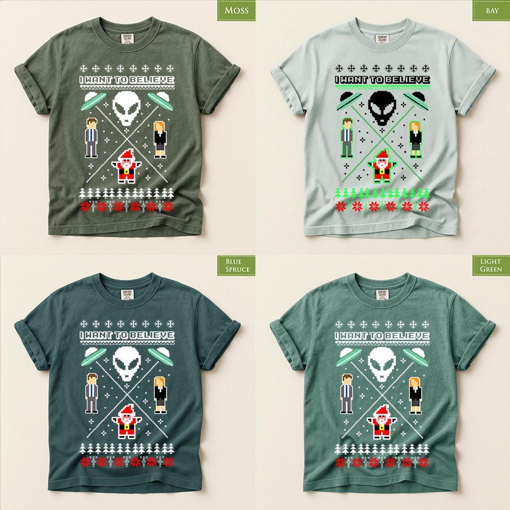 Comfort Colors® I Want to Believe Christmas Shirt, Alien UFO Holiday Tee, Retro X Files Inspired Gift, Funny Xmas Graphic
