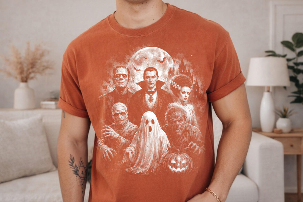 Comfort Colors® Frankenstein Bride Dracula Werewolf Mummy  Graphic Tee, Halloween Classic Monsters Pumpkin Gift