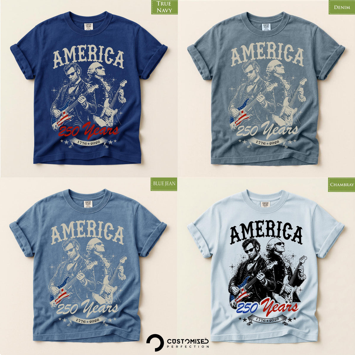 Comfort Colors® Abraham Lincoln and George Washing Playing Guitar T-shirt, July 4th 250th Anniversary Tee, America 250 Celebration Tshirt
