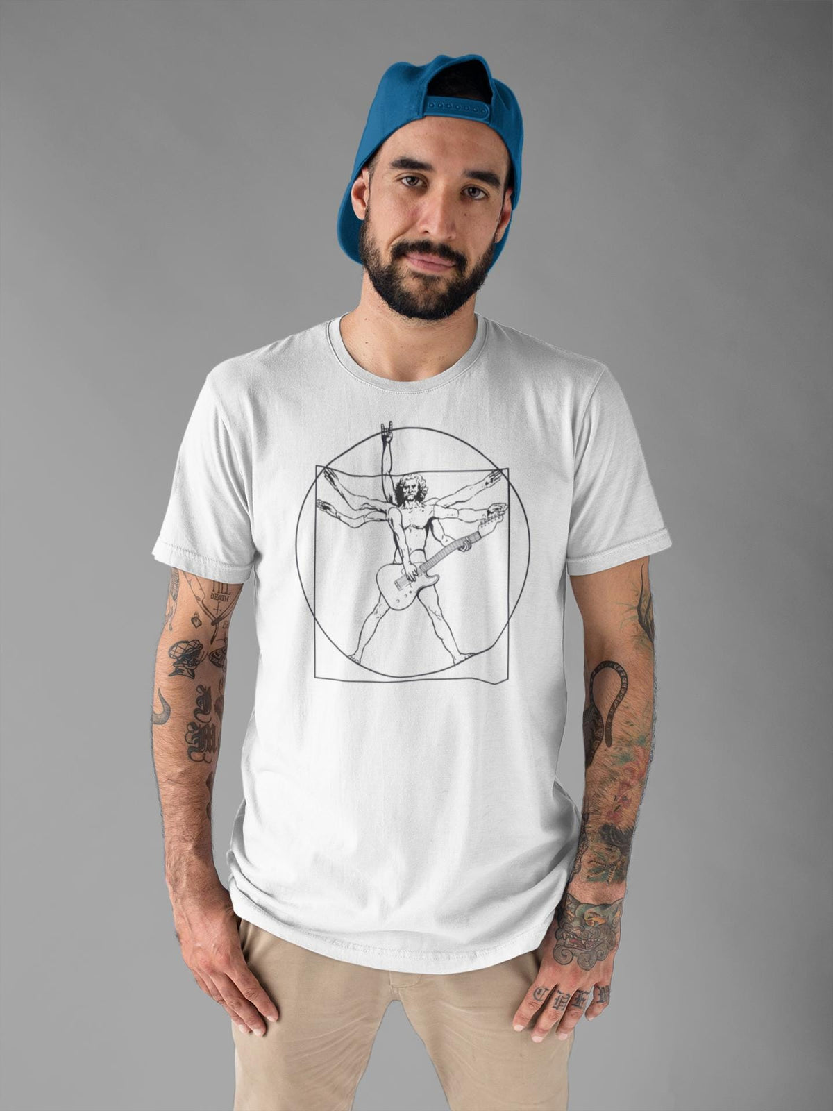 Mens Vitruvian Guitarist Guitar Funny Spoof Da Vinci T shirt Tee Top T-shirt