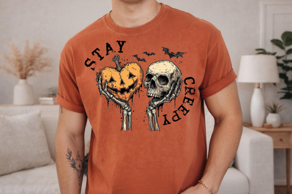 Comfort Colors® Halloween Skeleton Stay Creepy Pumpkin Graphic Tee, Spooky Season Shirt