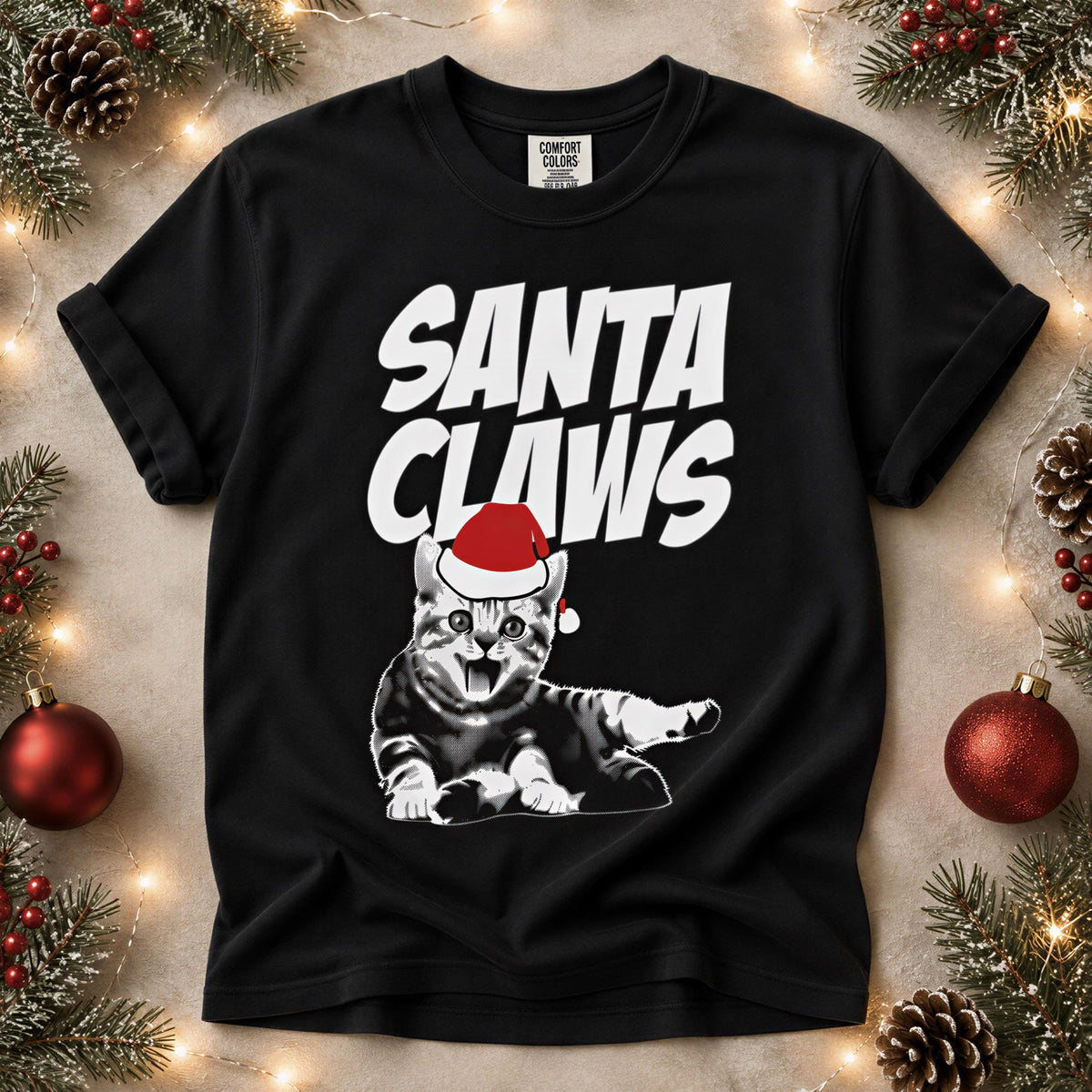 Comfort Colors® Santa Claws Shirt, Funny Cat Christmas Tee, Santa Cat Holiday Graphic, Christmas Gift