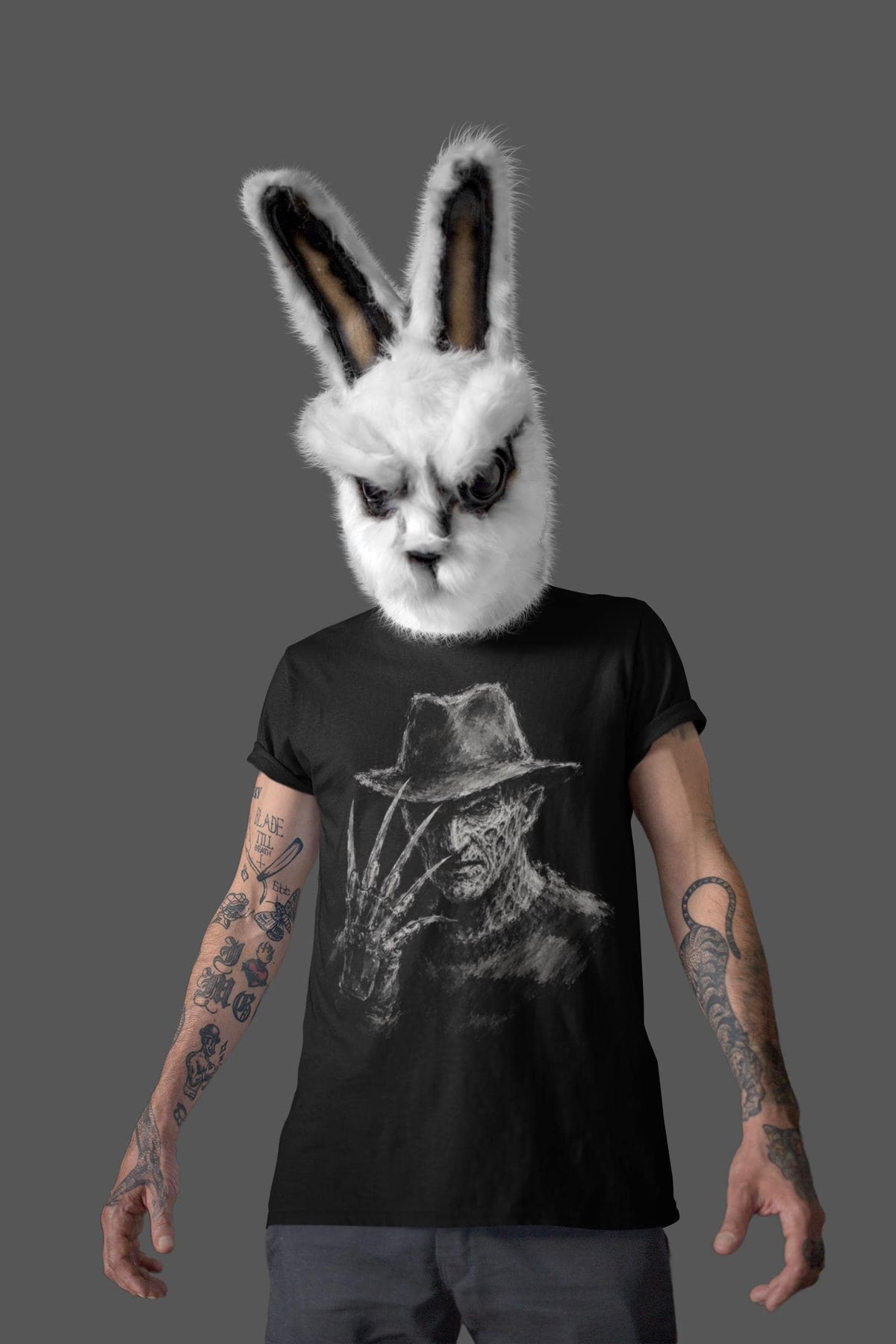 Bladed Glove Villain Shirt, Nightmare Stalker Portrait T-Shirt, Chalk Art Horror Hoodie, Fedora Horror Sweatshirt, Halloween Tee Gift