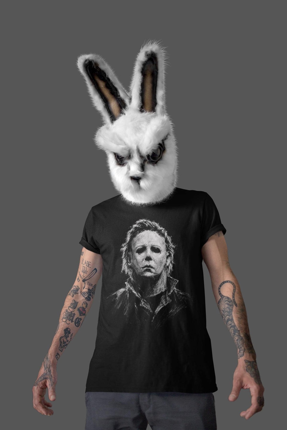 Masked Slasher Portrait Shirt, Dark Horror Mask T-Shirt, Chalk Art Horror Hoodie, Black and White Horror Sweatshirt, Halloween Tee Gift