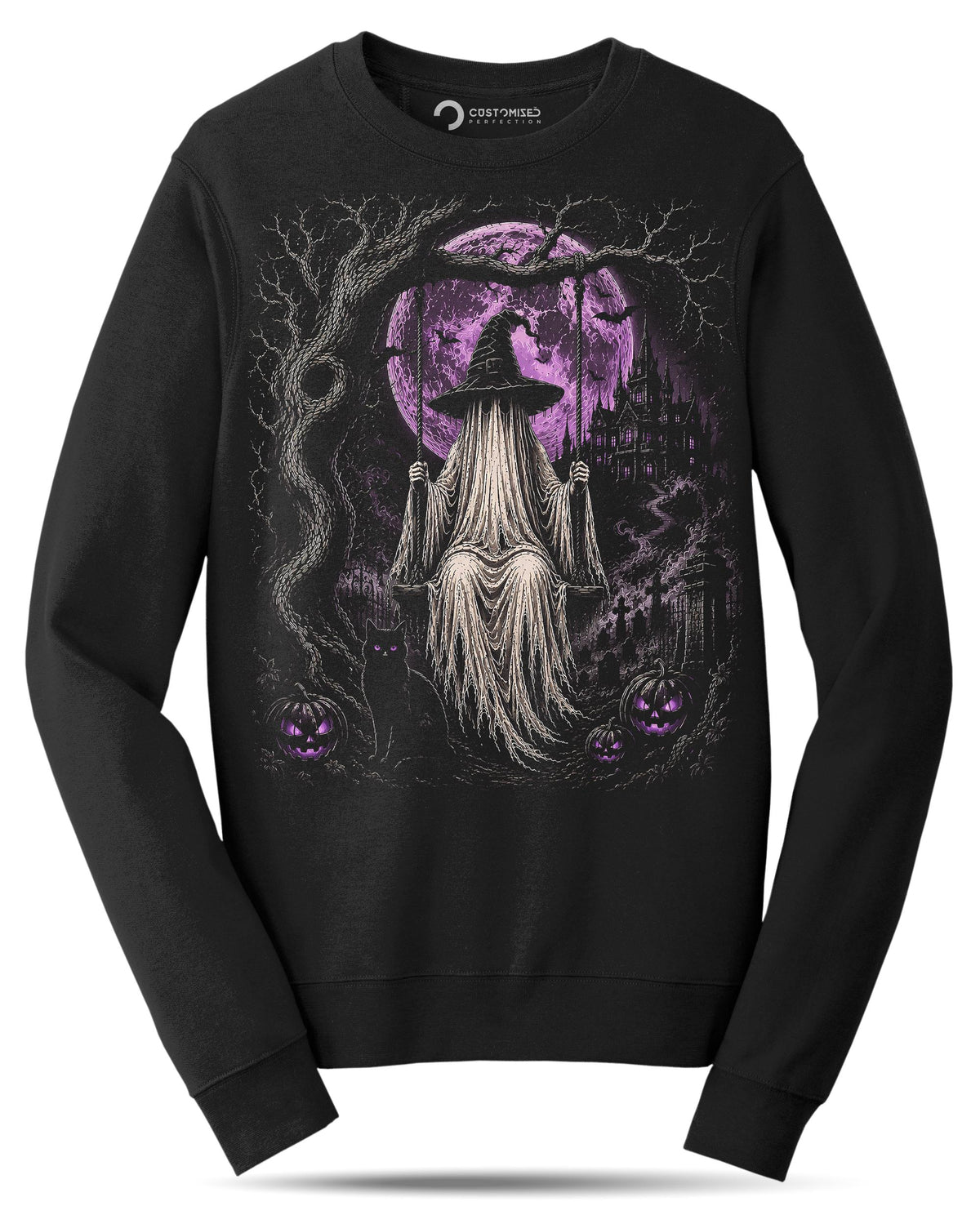 Purple Moon Witch Swing Shirt, Gothic Halloween Cat Pumpkin T-Shirt, Haunted Castle Witch Hoodie, Purple Halloween Sweatshirt