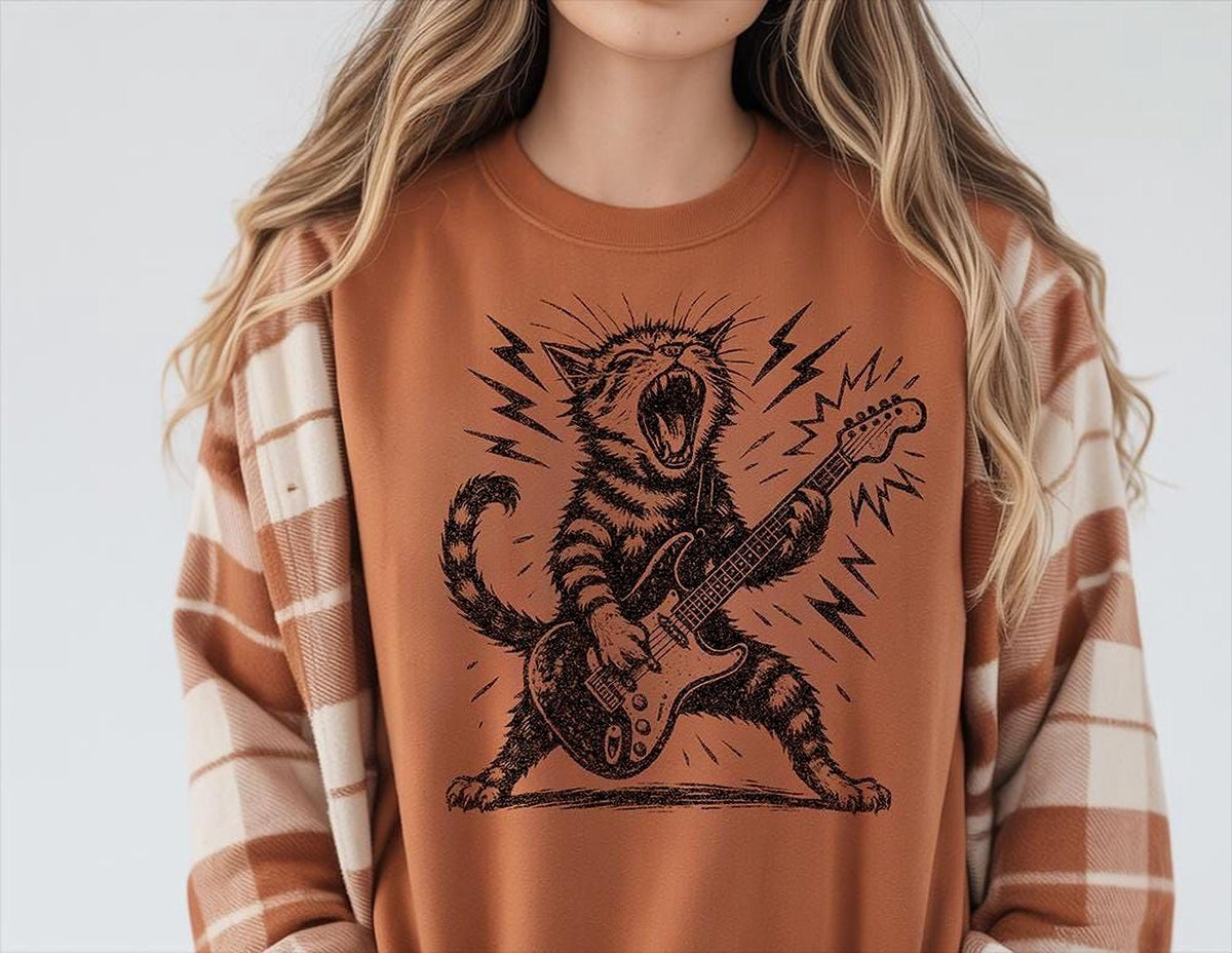 Rock n Roll Cat Playing Guitar Shirt | Comfort Colors® Funny Music Lover Kitty Tee
