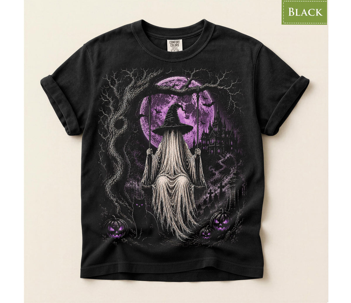 Comfort Colors® Haunted Witch Ghost Graphic Tee, Gothic Moon Cemetery Shirt, Spooky Halloween Apparel Gift