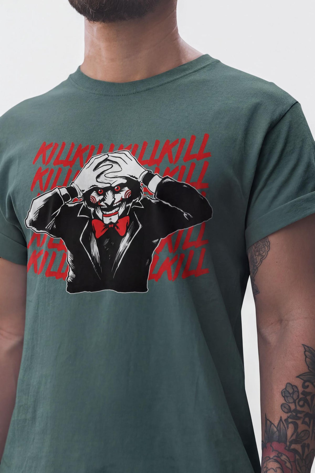 Killer Puppet Portrait Shirt, Horror Puppet Pop Art T-Shirt, Creepy Doll Face Hoodie, Repeated Text Horror Sweatshirt, Halloween Tee Gift