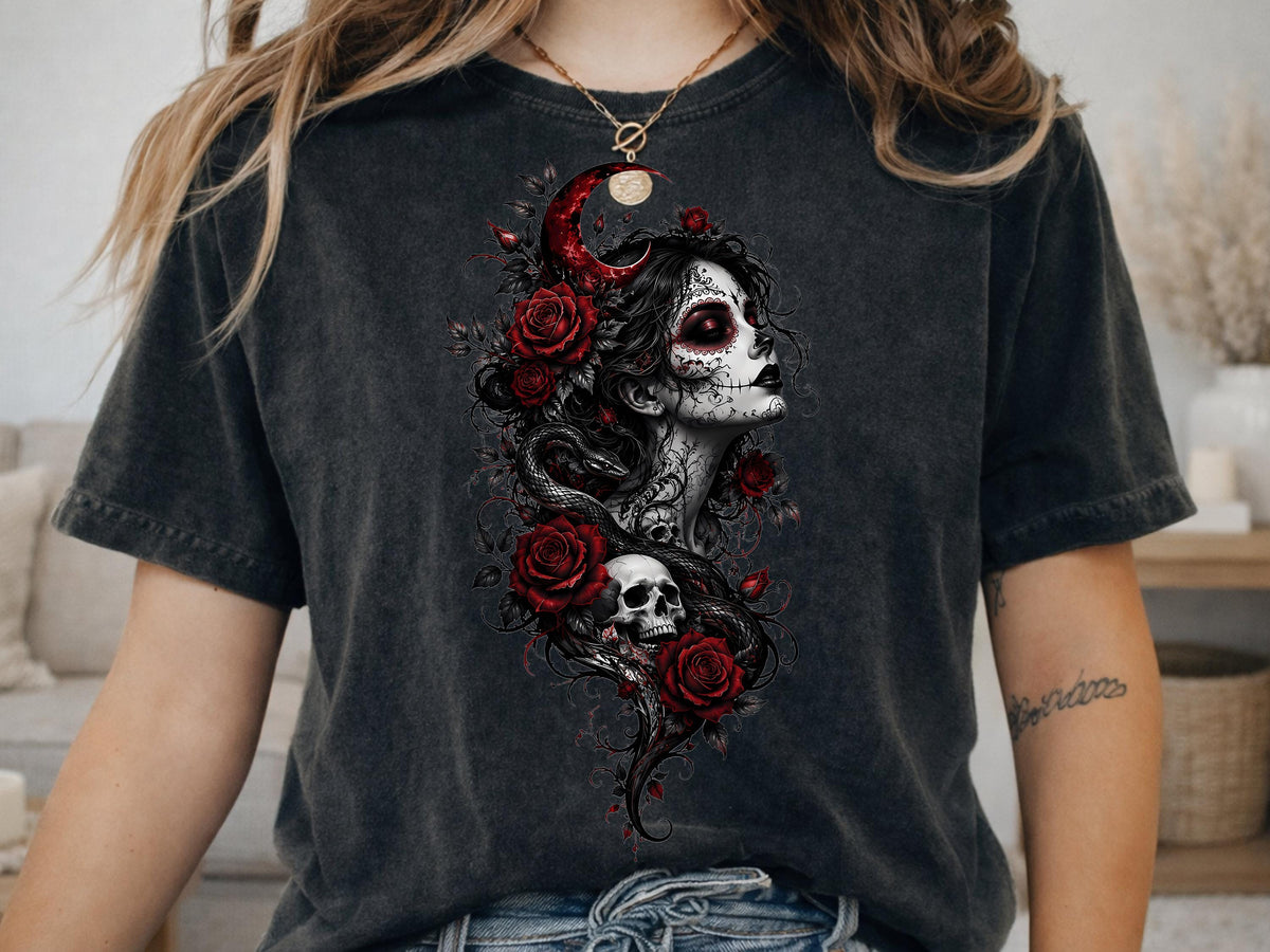 Sugar Skull Woman Roses Shirt, Gothic Skull Snake T-Shirt, Dark Rose Tattoo Style Hoodie, Crescent Moon Skull Sweatshirt, Halloween Tee Gift