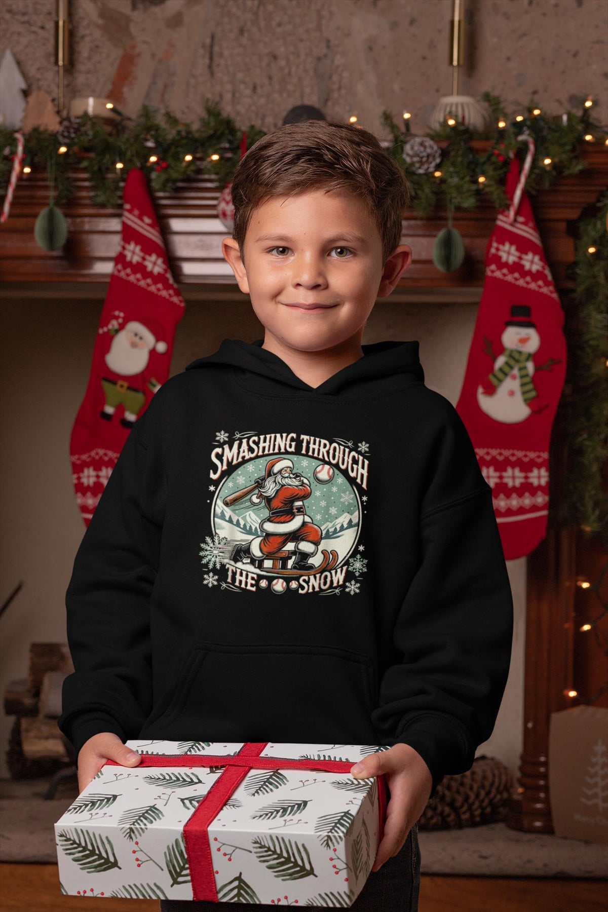 Smashing Through The Snow Santa Hoodie, Black Santa, Baseball Christmas, Santa Hooded Sweatshirt, Matching Christmas Sweatshirt for Families