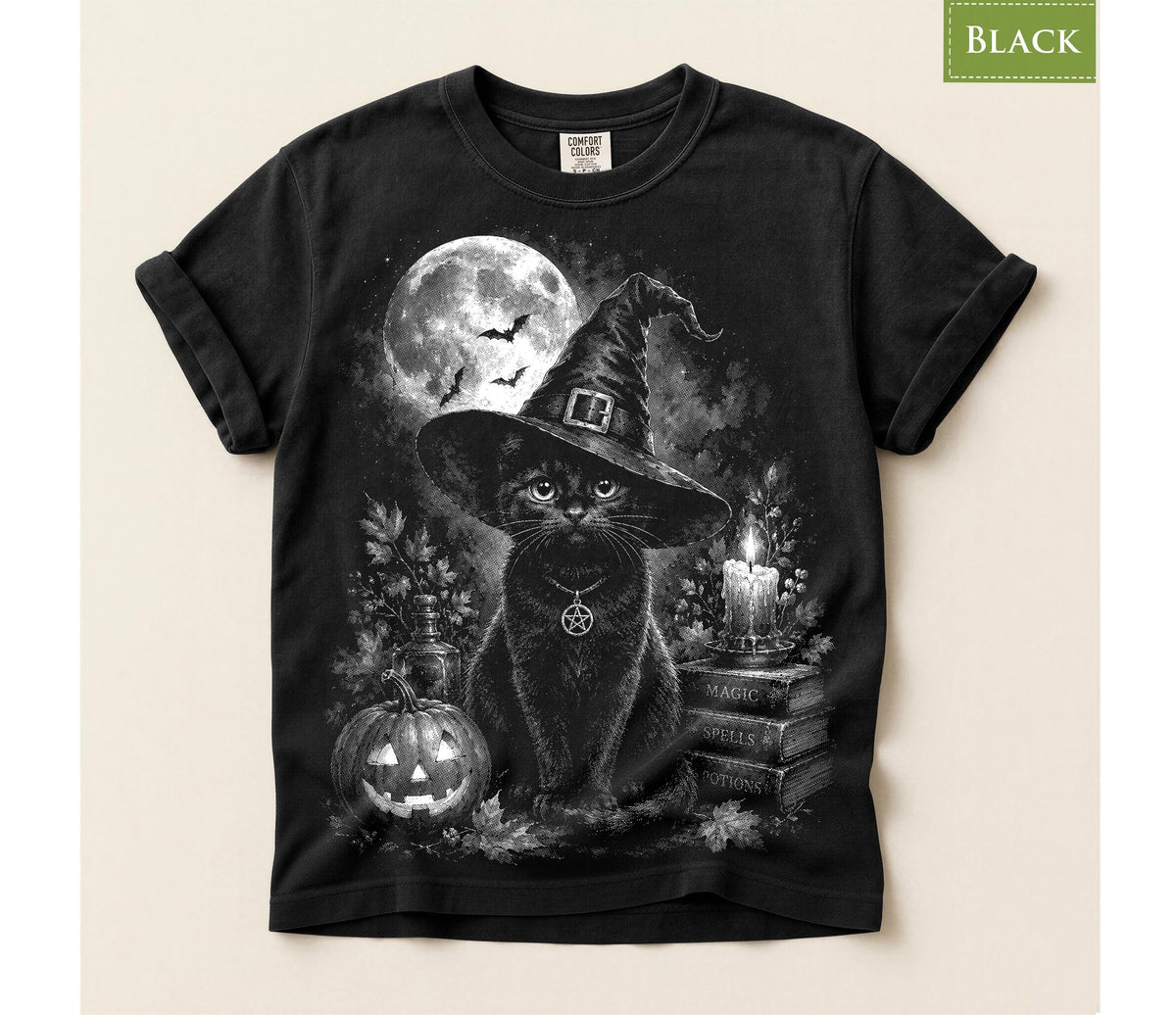 Comfort Colors® Black Cat Witch Graphic Tee, Halloween Pumpkin Moon Shirt, Spooky Magic Apparel Gift