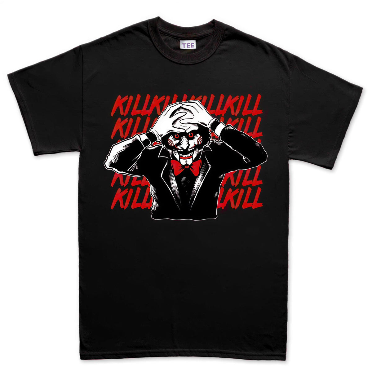 Killer Puppet Portrait Shirt, Horror Puppet Pop Art T-Shirt, Creepy Doll Face Hoodie, Repeated Text Horror Sweatshirt, Halloween Tee Gift