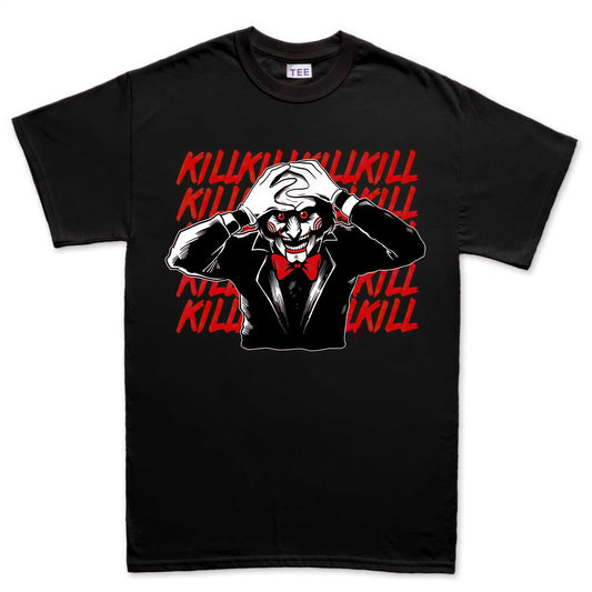 Killer Puppet Portrait Shirt, Horror Puppet Pop Art T-Shirt, Creepy Doll Face Hoodie, Repeated Text Horror Sweatshirt, Halloween Tee Gift