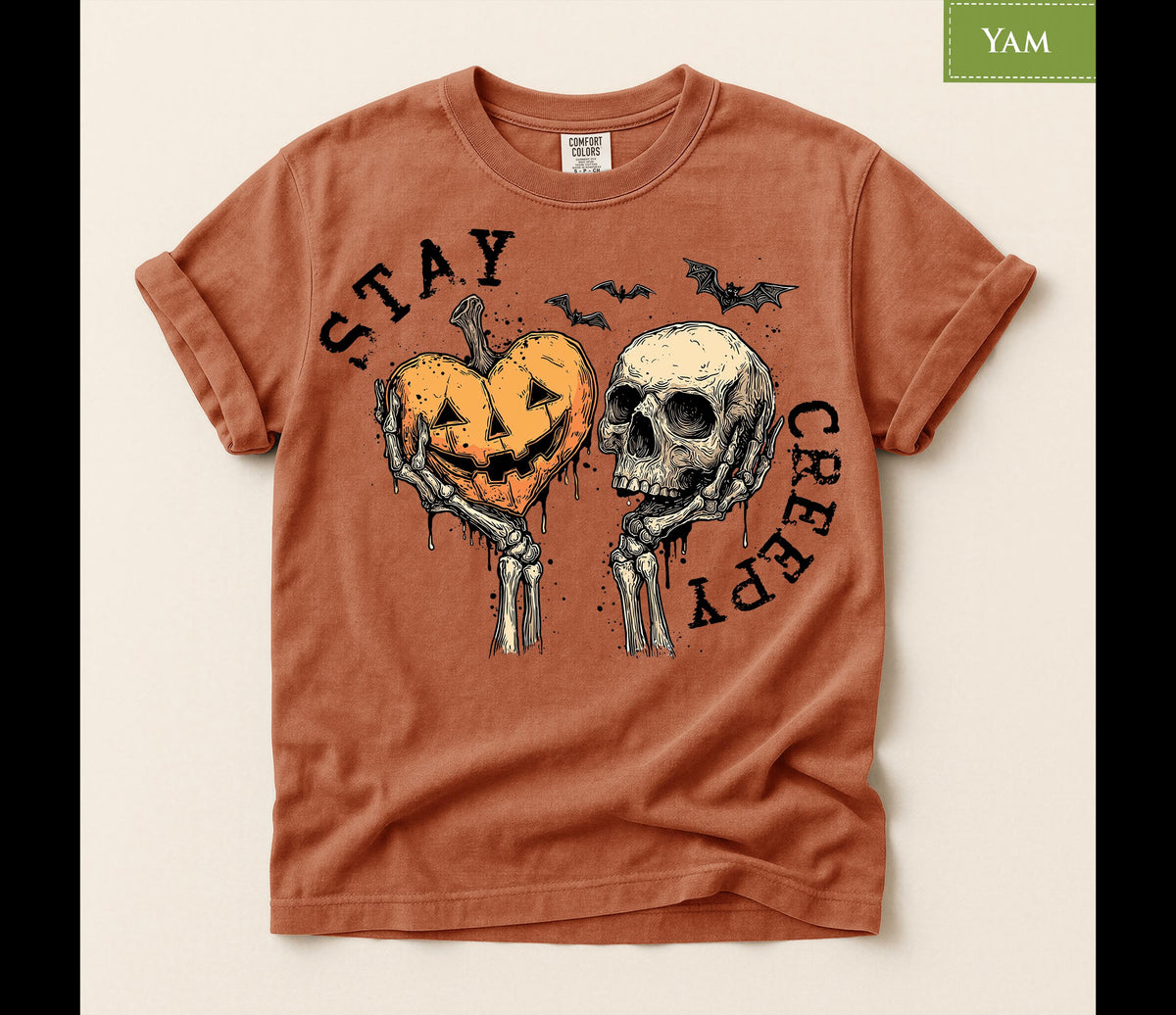 Comfort Colors® Halloween Skeleton Stay Creepy Pumpkin Graphic Tee, Spooky Season Shirt